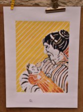 Mutter, Linolschnitt A4, farbiger Druck auf Zeichenpapier, weiß, Juni 2019